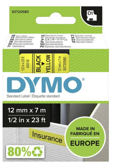 Dymo D1 tarrakirjoitinteippi 12 mm, musta/keltainen