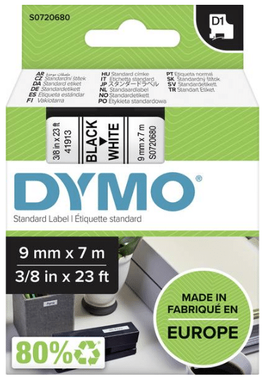 Dymo D1 tarrakirjoitinteippi 9 mm, musta/valkoinen