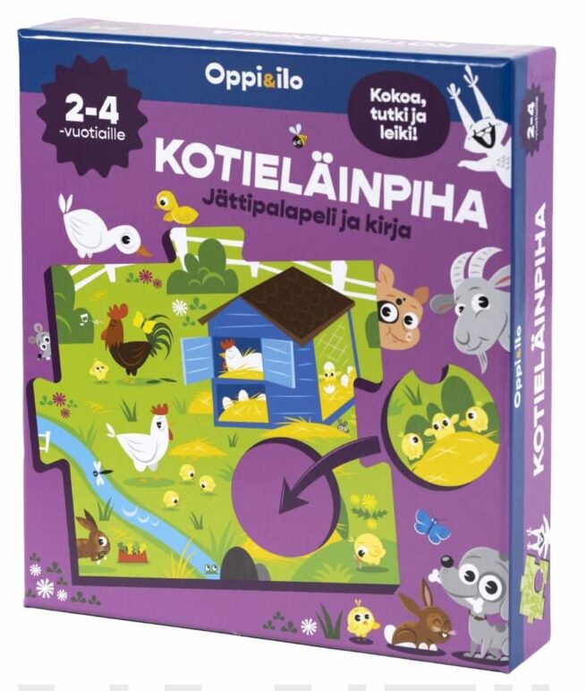 Kotieläinpiha-palapeli ja kirja