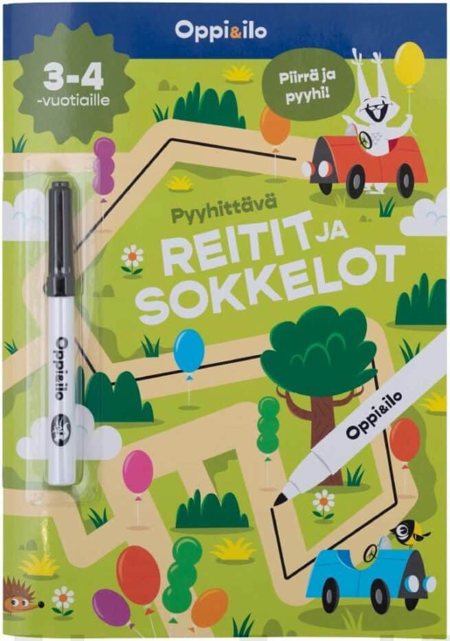 Pyyhittävä Reitit ja sokkelot 3-4 v (täytettävä kirja + tussi)