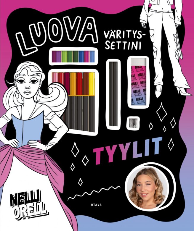 Luova värityssettini, Tyylit (pakkauksessa 15 värikynää, 2 lyijykynää, kumi ja teroitin sekä 16 irrotettavaa värityskuvaa)