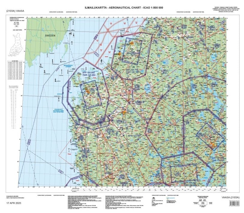 Vaasa ilmailukartta ANC 2091a, 17 Apr 2025 : aeronautical chart ICAO 1:500 000