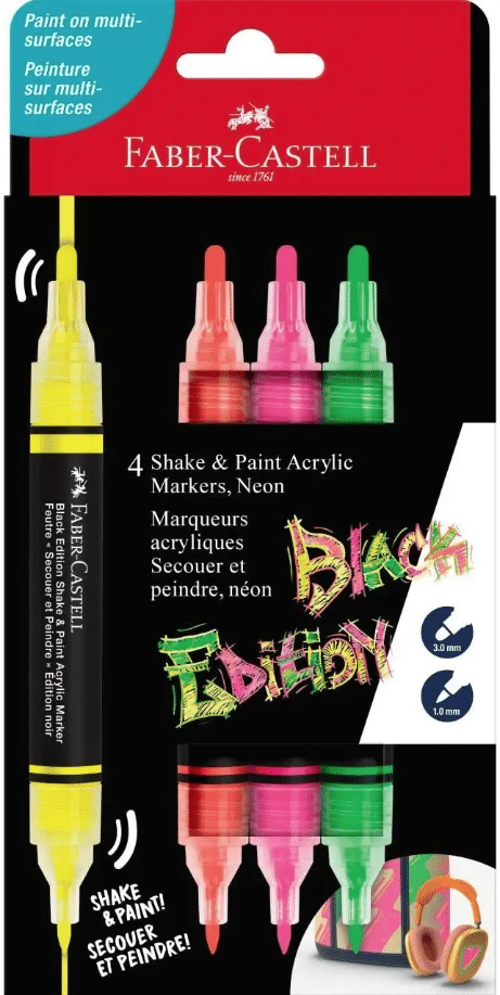 Faber-Castell Black edition Shake & paint akryylitussit, 4 neonväriä