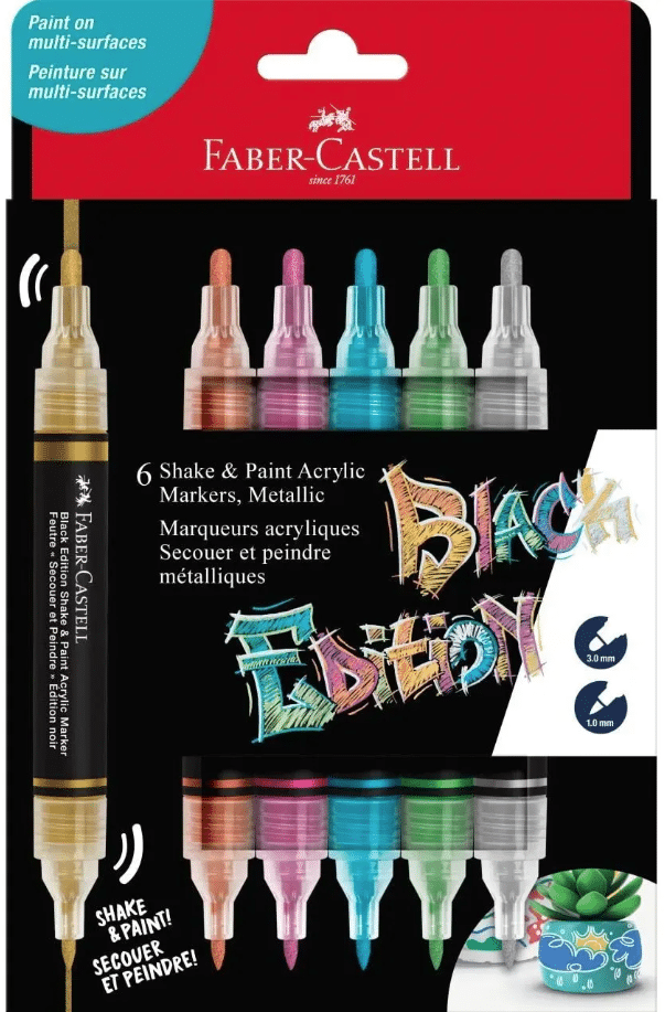 Faber-Castell Black edition Shake & paint akryylitussi, 6 metalliväriä