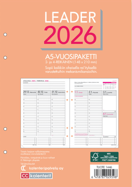 Leader A5 vuosipaketti 2026, 2/4-reikäinen