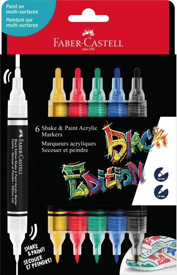 Faber-Castell Black edition Shake & paint akryylitussi, 6 perusväriä