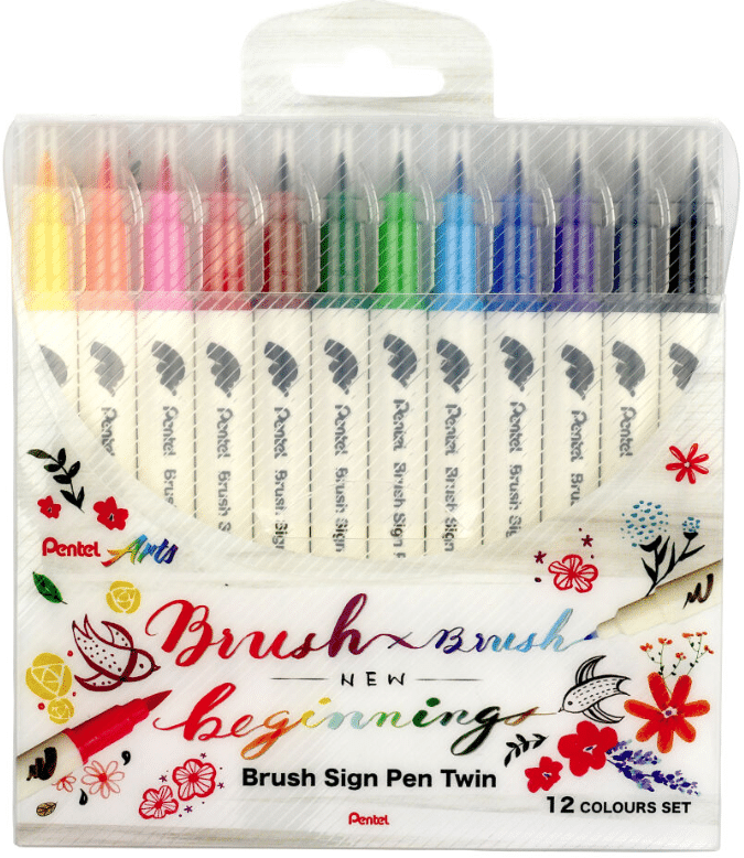 Pentel Brush Sign Pen twin sivellinkynäsarja, 12 väriä