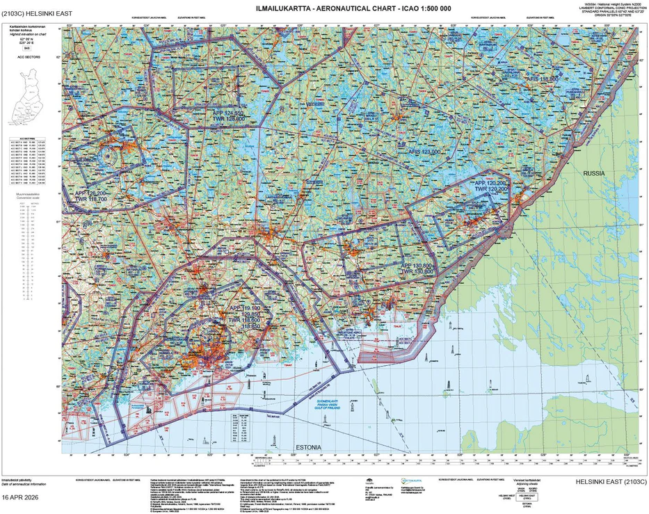 Helsinki East ilmailukartta ANC 2103c, 16 Apr 2026 : aeronautical chart ICAO 1:500 000 Suomen vanhin kirjakauppa - Vuodesta 1899