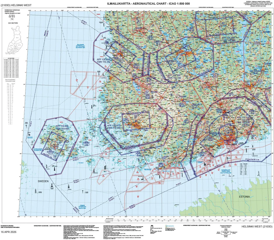 Helsinki West ilmailukartta, ANC 2103d, 16 apr 2026 : aeronautical chart ICAO 1:500 000 Suomen vanhin kirjakauppa - Vuodesta 1899