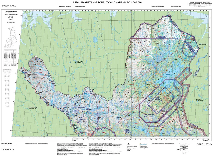 Ivalo ilmailukartta ANC 2052c, 16 apr 2026 : aeronautical chart ICAO 1:500 000 Suomen vanhin kirjakauppa - Vuodesta 1899