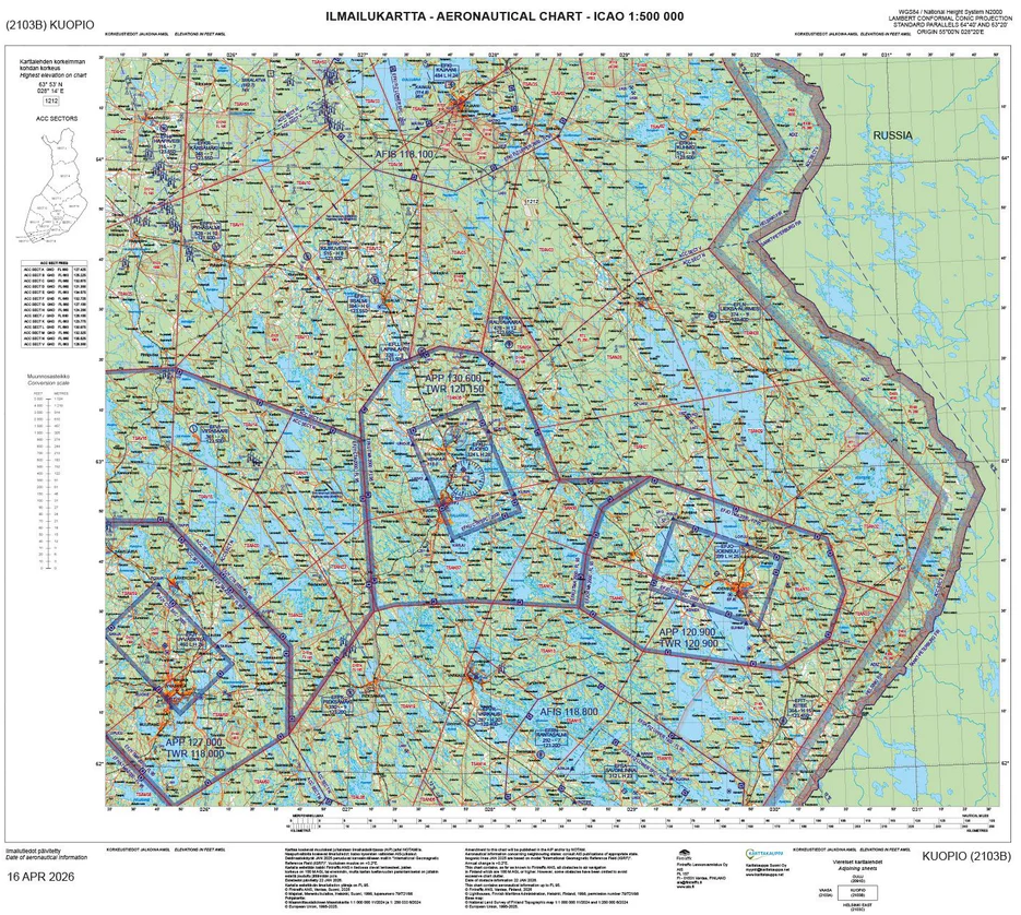 Kuopio ilmailukartta ANC 2103b, 16 apr 2026 : aeronautical chart ICAO 1:500 000 Suomen vanhin kirjakauppa - Vuodesta 1899