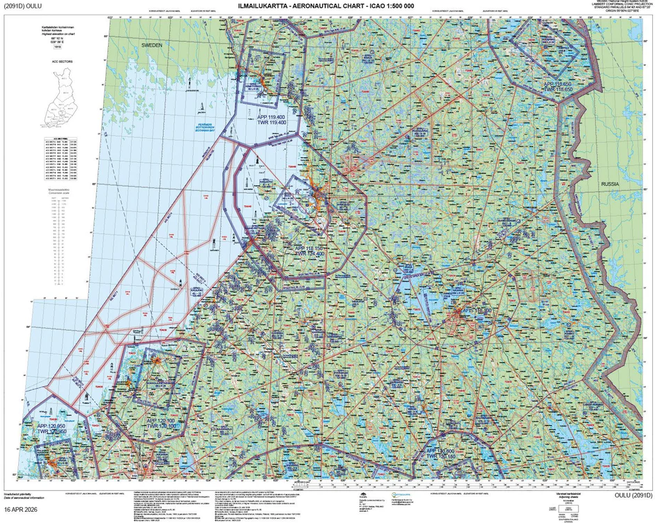 Oulu ilmailukartta ANC 2091d, 16 apr 2026 : aeronautical chart ICAO 1:500 000 Suomen vanhin kirjakauppa - Vuodesta 1899