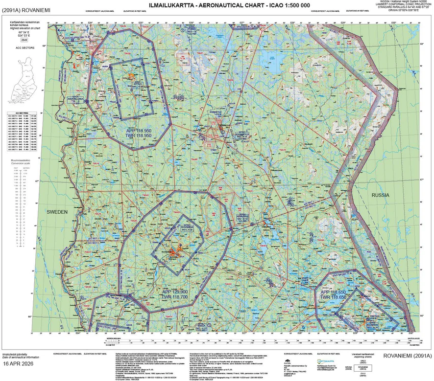 Rovaniemi ilmailukartta ANC 2091a, 16 apr 2026 : aeronautical chart ICAO 1:500 000 Suomen vanhin kirjakauppa - Vuodesta 1899