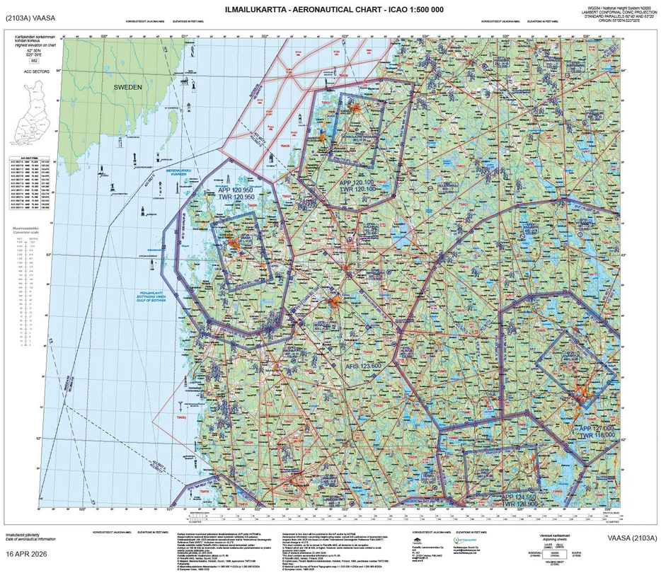 Vaasa ilmailukartta ANC 2103a, 16 apr 2026 : aeronautical chart ICAO 1:500 000 Suomen vanhin kirjakauppa - Vuodesta 1899