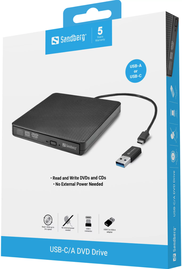 Sandberg USB-C/A ulkoinen DVD-asema, musta Sandberg USB-C/A ulkoinen DVD-asema, musta Suomen vanhin kirjakauppa - Vuodesta 1899