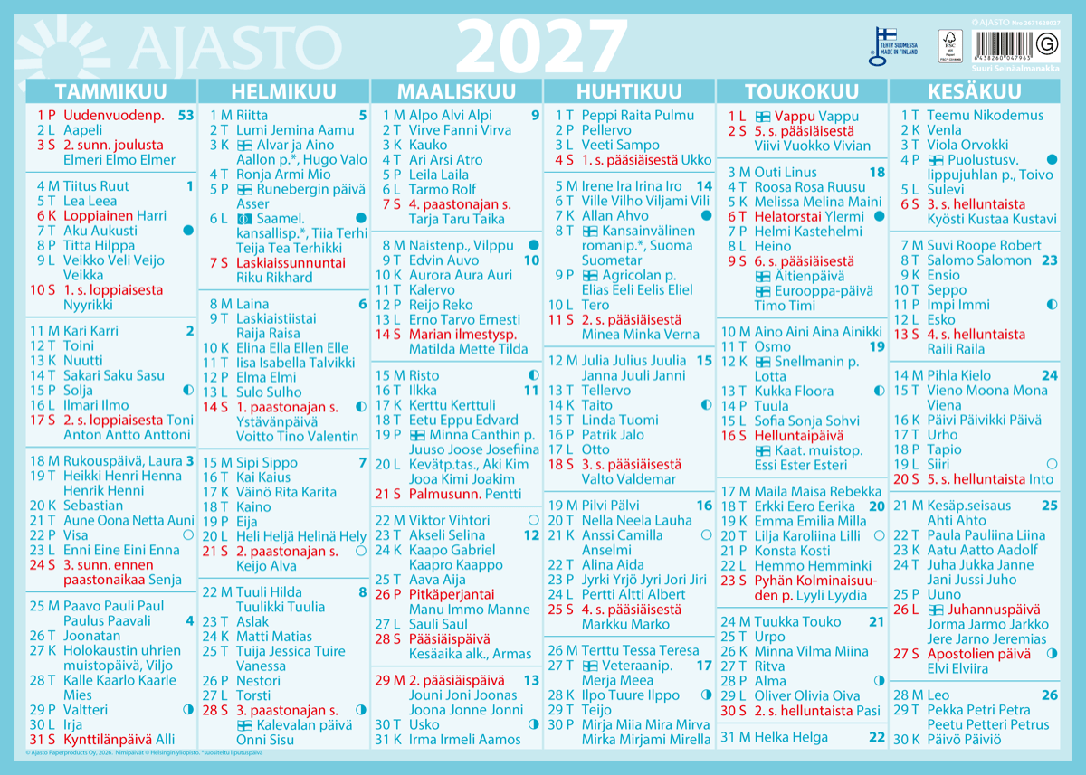 Suuri seinäalmanakka 2027 Suuri seinäalmanakka 2027 Suomen vanhin kirjakauppa - Vuodesta 1899